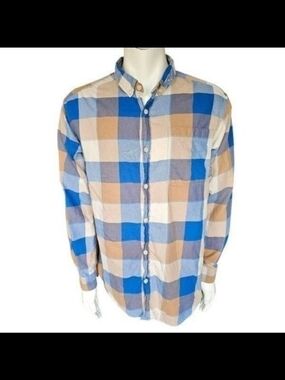 Columbia Mens L Button Down Shirt Plaid Long Sleeve Casual Cotton Blue Tan